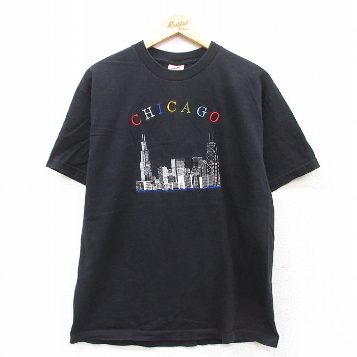 【50%OFF】L★古着 半袖 ビンテージ Tシャツ メンズ 00年代 00s シカゴ 刺繍 コットン クルーネック 黒 ブラック 25apr25 中古