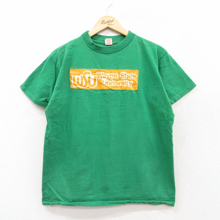 L★古着 半袖 ビンテージ Tシャツ メンズ 80年代 80s WSU コットン クルーネック USA製 緑 グリーン 25apr25 中古