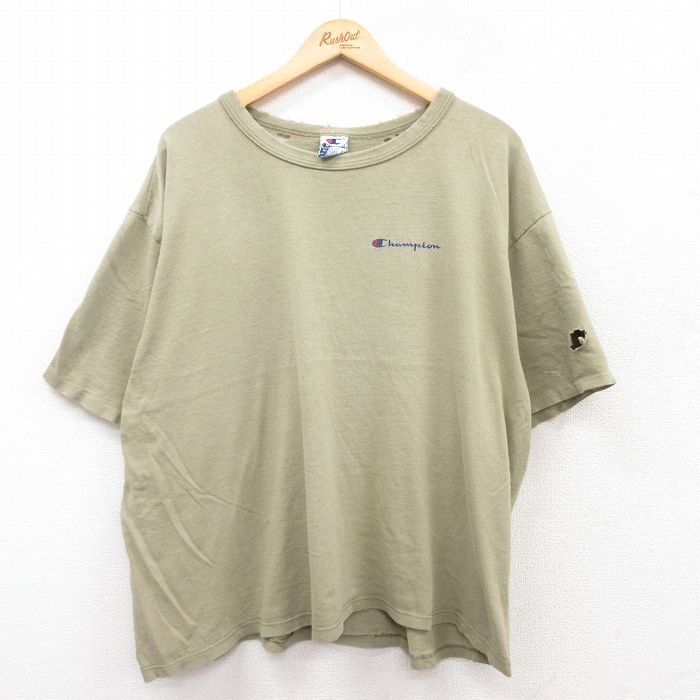 XL★古着 チャンピオン champion 半袖 ビンテージ Tシャツ メンズ 90年代 90s ワンポイントロゴ ボロ 大きいサイズ コットン クルーネック USA製 緑系 グリーン 25apr25 中古