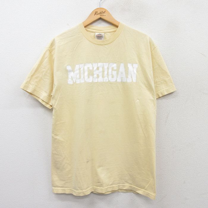 L★古着 半袖 ビンテージ Tシャツ メンズ 00年代 00s ミシガン コットン クルーネック 薄黄 イエロー 25apr25 中古