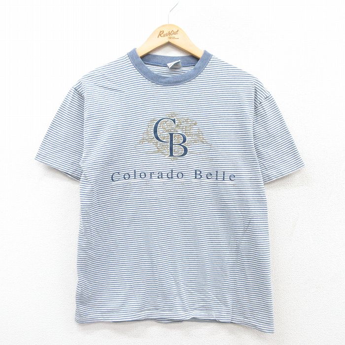M★古着 半袖 ビンテージ Tシャツ メンズ 90年代 90s Colorado Belle コットン クルーネック USA製 薄紺他 ネイビー ボーダー 25apr25 中古