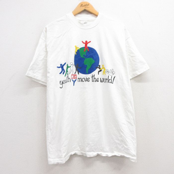 XL★古着 ヘインズ Hanes 半袖 ビンテージ Tシャツ メンズ 90年代 90s 地球 コットン クルーネック USA製 白 ホワイト 25apr28 中古