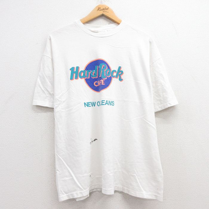 XL★古着 ヘインズ Hanes 半袖 ビンテージ Tシャツ メンズ 90年代 90s ハードロックカフェ ニューオーリンズ コットン クルーネック USA製 白 ホワイト 25apr28 中古