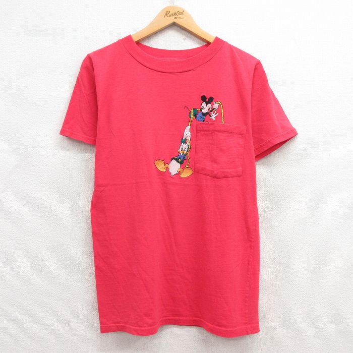 【50%OFF】M★古着 半袖 ビンテージ Tシャツ メンズ 00年代 00s ディズニー DISNEY ミッキー MICKEY MOUSE ドナルド 刺繍 胸ポケット付き クルーネック 赤 レッド 25apr28 中古