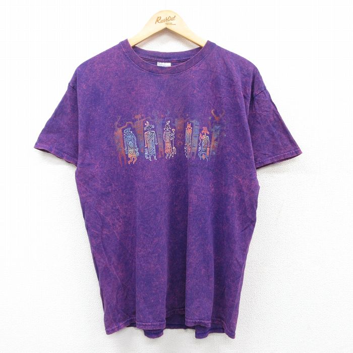 L★古着 半袖 ビンテージ Tシャツ メンズ 00年代 00s 民族 コットン クルーネック 紫 パープル タイダイ 25apr30 中古
