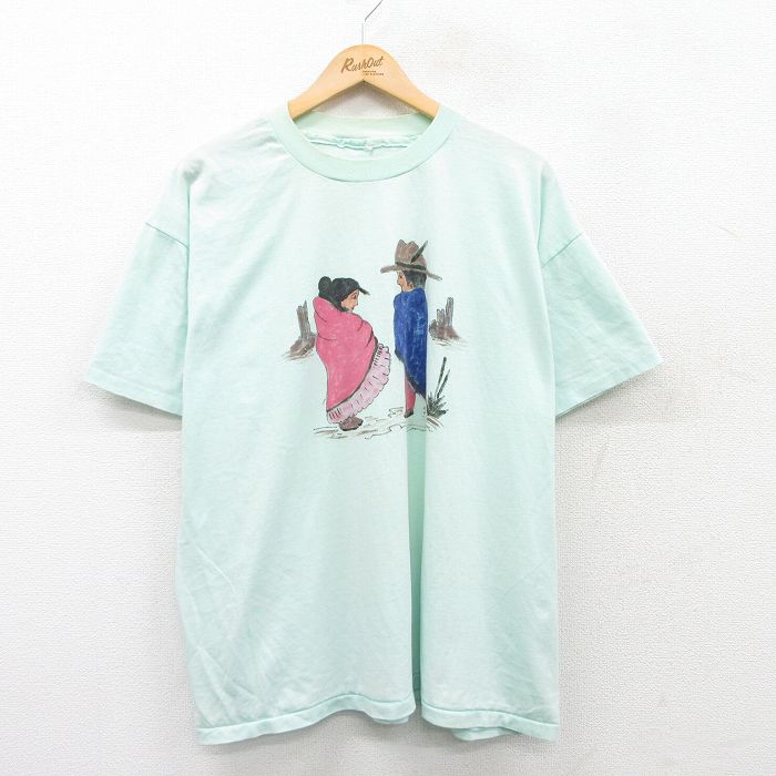 90s 半袖Tシャツ カウボーイハンドペイント ライトブルー XL | 古着