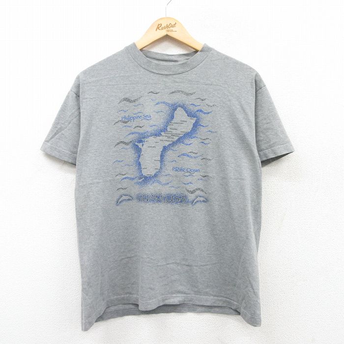 【50%OFF】L★古着 半袖 ビンテージ Tシャツ メンズ 90年代 90s グアム コットン クルーネック グレー 霜降り 25apr30 中古