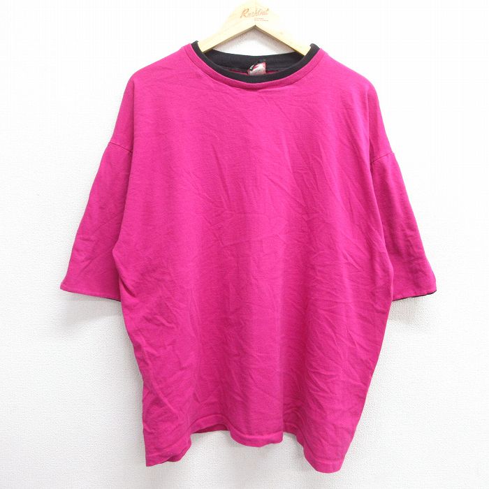 XL★古着 半袖 ビンテージ Tシャツ メンズ 90年代 90s 無地 大きいサイズ コットン クルーネック USA製 濃ピンク 25apr30 中古