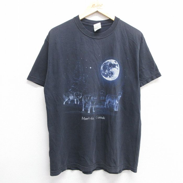 L★古着 半袖 ビンテージ Tシャツ メンズ 00年代 00s オオカミ 月 コットン クルーネック 黒 ブラック 25apr30 中古