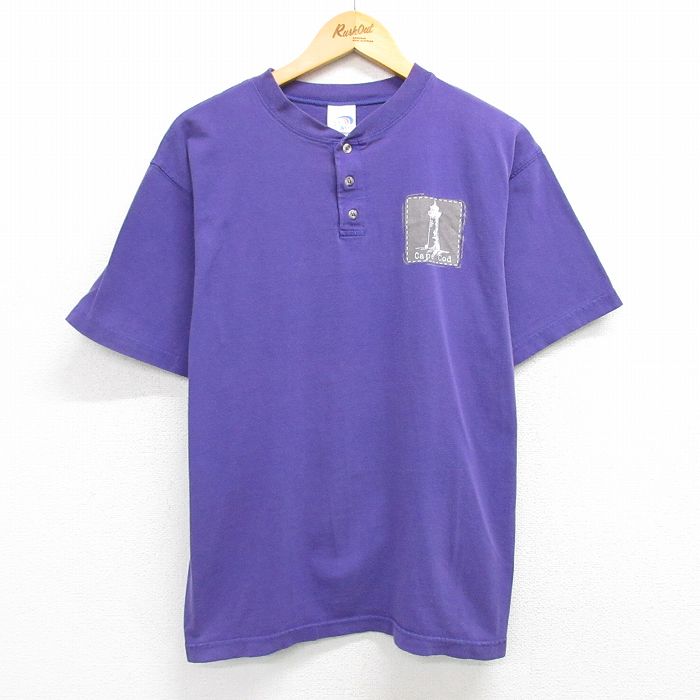 00s 半袖ヘンリーネックTシャツ 灯台 パープル L | 古着