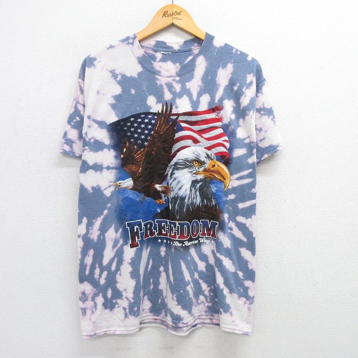 【50%OFF】L★古着 半袖 ビンテージ Tシャツ メンズ 00年代 00s 鳥 星条旗 クルーネック 紺他 ネイビー ブリーチ加工 25may01 中古