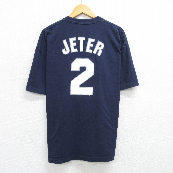 XL★古着 マジェスティック 半袖 ビンテージ Tシャツ メンズ 90年代 90s MLB ニューヨークヤンキース デレクジーター 2 大きいサイズ コットン クルーネック USA製 濃紺 ネイビー メジャーリーグ ベースボール 野球 【spe】 25may01 中古