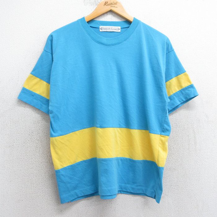 【20%OFF】L★古着 半袖 ビンテージ Tシャツ メンズ 90年代 90s ツートンカラー クルーネック 水色他 25may01 中古