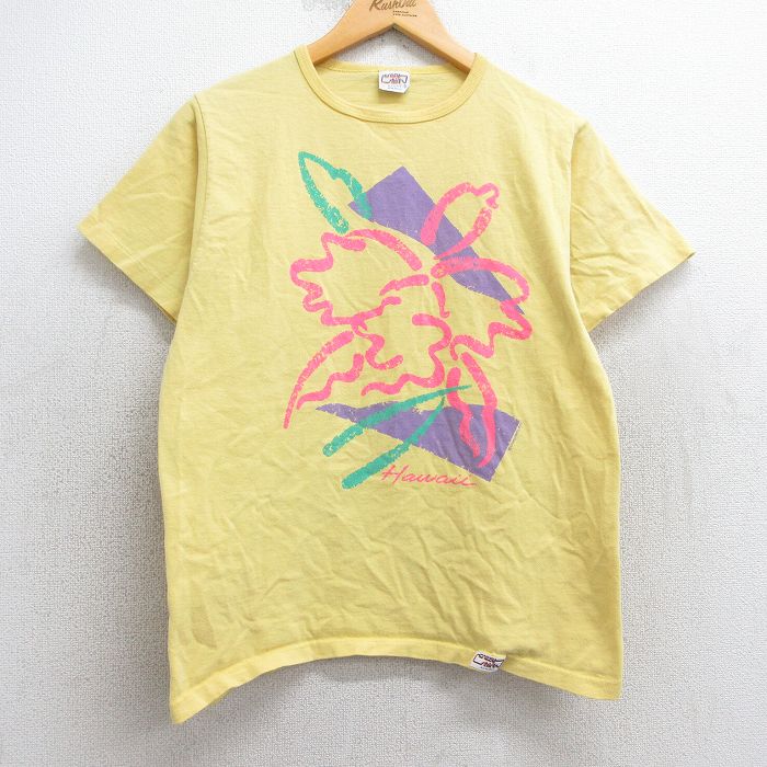 M★古着 Crazy Shirts 半袖 ビンテージ Tシャツ メンズ 90年代 90s ハイビスカス ハワイ コットン クルーネック USA製 黄 イエロー 25may01 中古
