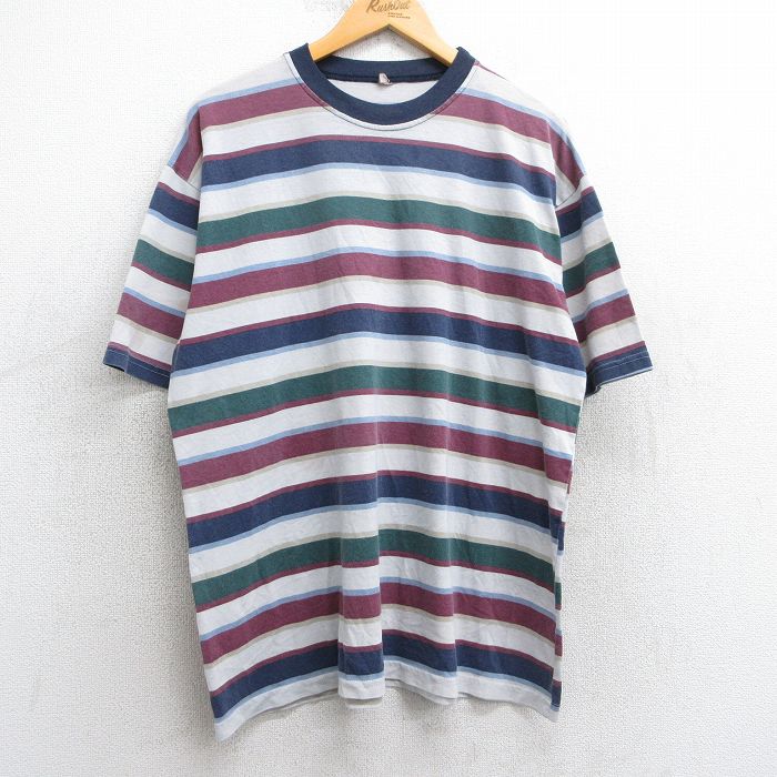 XL★古着 半袖 ビンテージ Tシャツ メンズ 80年代 80s コットン クルーネック USA製 紺他 ネイビー ボーダー 【spe】 25may01 中古