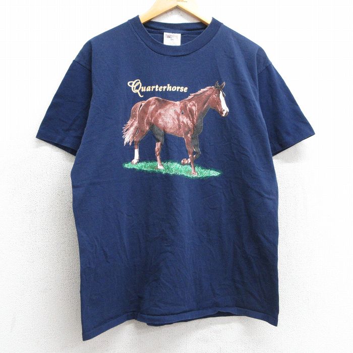 L★古着 オニータ ONEITA 半袖 ビンテージ Tシャツ メンズ 90年代 90s 馬 コットン クルーネック 紺 ネイビー 25may01 中古