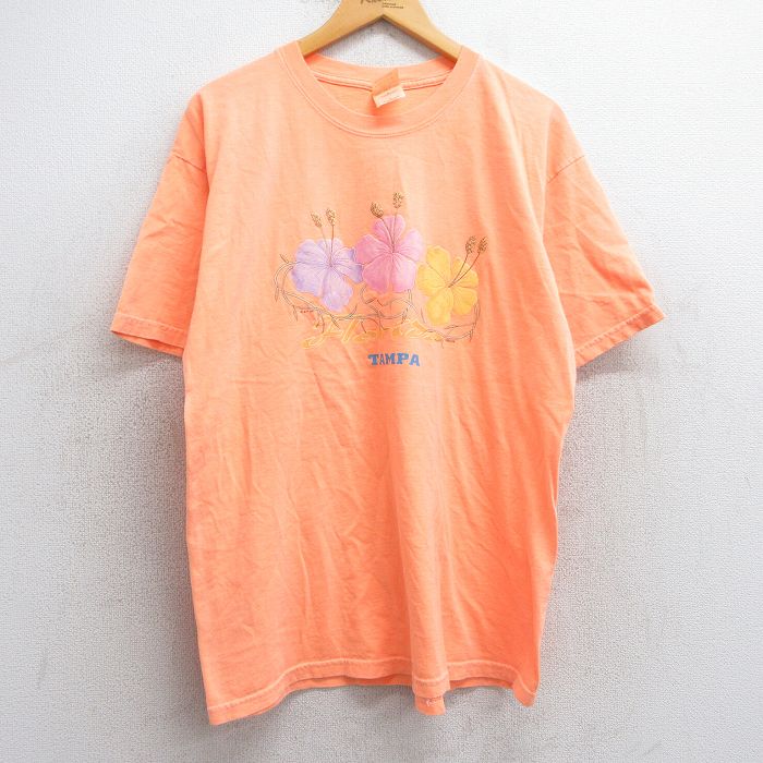 L★古着 半袖 ビンテージ Tシャツ メンズ 00年代 00s 花 フロリダ コットン クルーネック オレンジ 25may01 中古