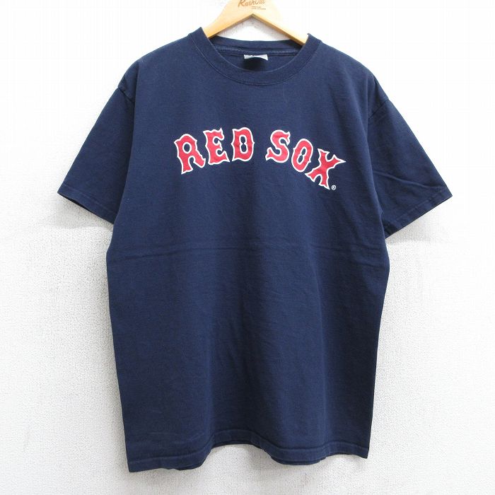 L★古着 マジェスティック 半袖 ビンテージ Tシャツ メンズ 00年代 00s MLB ボストンレッドソックス コットン クルーネック 紺 ネイビー メジャーリーグ ベースボール 野球 25may01 中古