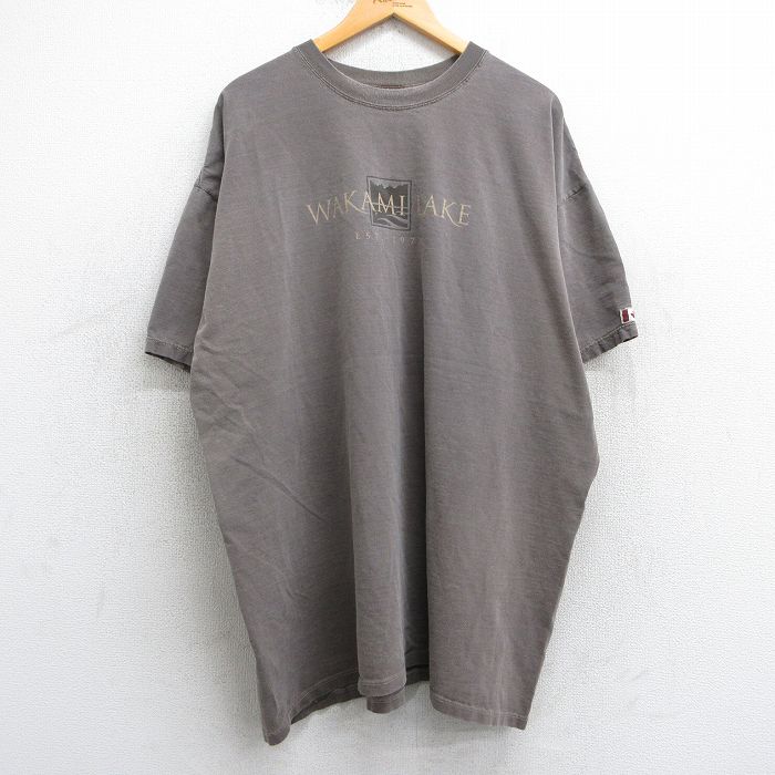 XL★古着 半袖 ビンテージ Tシャツ メンズ 90年代 90s ワカミ湖 大きいサイズ ロング丈 コットン クルーネック カナダ製 茶系 ブラウン 25may01 中古