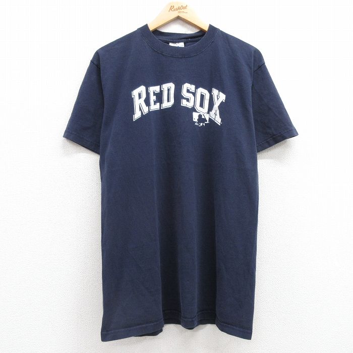 L★古着 マジェスティック 半袖 ビンテージ Tシャツ メンズ 00年代 00s MLB ボストンレッドソックス コットン クルーネック 紺 ネイビー メジャーリーグ ベースボール 野球 25may01 中古