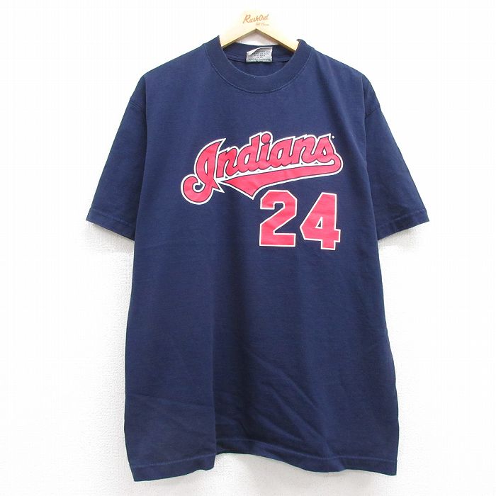 XL★古着 マジェスティック 半袖 ビンテージ Tシャツ メンズ 00年代 00s MLB クリーブランドインディアンス マニーラミレス 24 コットン クルーネック 紺 ネイビー メジャーリーグ ベースボール 野球 25may01 中古