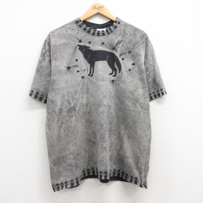 XL★古着 半袖 ビンテージ Tシャツ メンズ 00年代 00s オオカミ コットン クルーネック 黒 ブラック タイダイ 25may01 中古