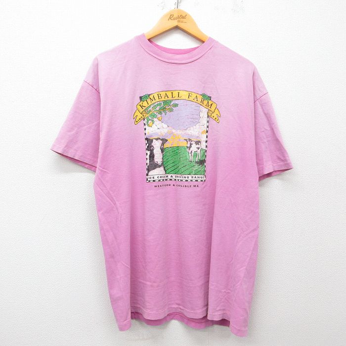 XL★古着 ヘインズ Hanes 半袖 ビンテージ Tシャツ メンズ 80年代 80s ウシ コットン クルーネック USA製 ピンク 25may01 中古