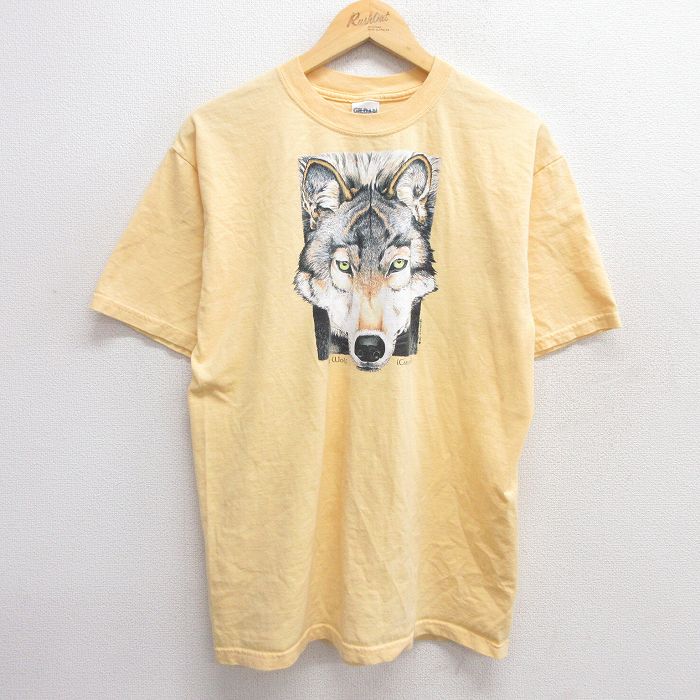 M★古着 半袖 ビンテージ Tシャツ メンズ 00年代 00s オオカミ コットン クルーネック 黄 イエロー 25may01 中古