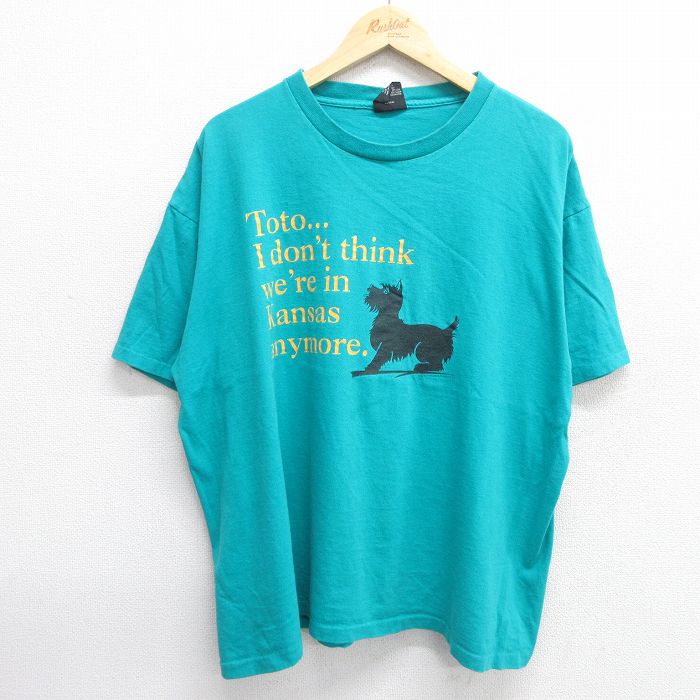【50%OFF】XL★古着 半袖 ビンテージ Tシャツ メンズ 90年代 90s 犬 メッセージ 大きいサイズ コットン クルーネック USA製 青緑 【spe】 25may01 中古