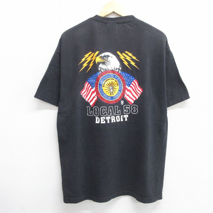 XL★古着 半袖 ビンテージ Tシャツ メンズ 90年代 90s 鳥 星条旗 デトロイト 胸ポケット付き コットン クルーネック USA製 黒 ブラック 25may01 中古