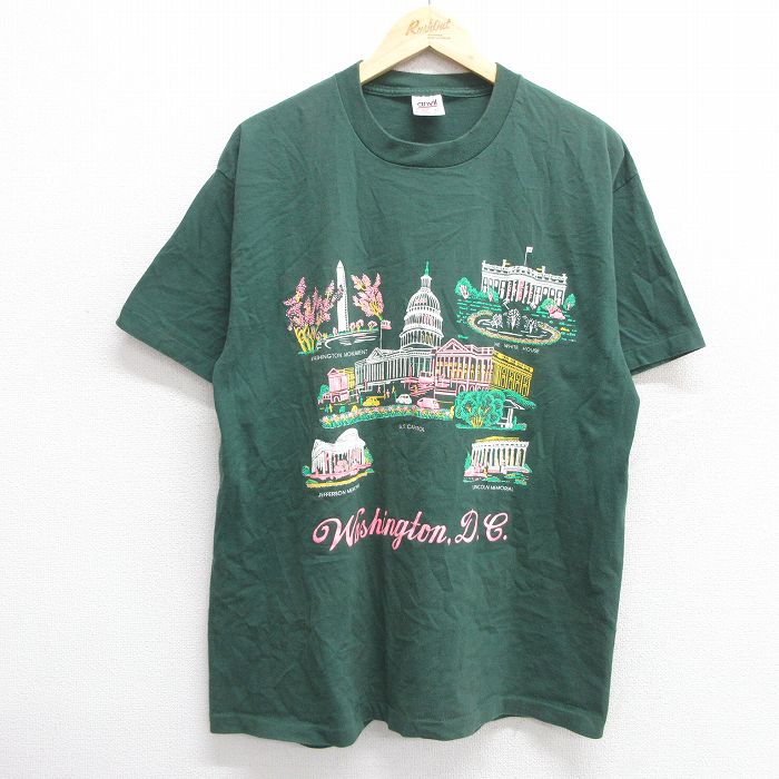 【50%OFF】XL★古着 半袖 ビンテージ Tシャツ メンズ 90年代 90s ワシントンDC ホワイトハウス コットン クルーネック 緑 グリーン 25may01 中古