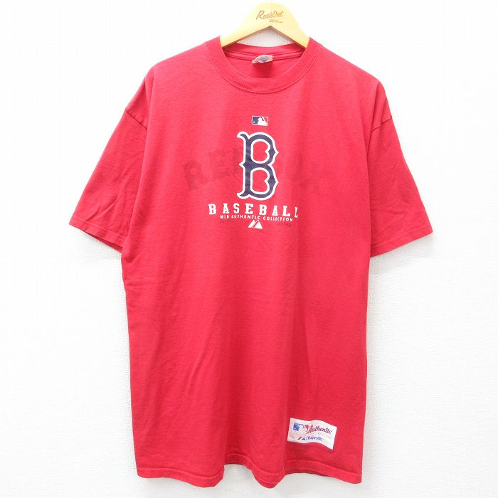 XL★古着 マジェスティック 半袖 ビンテージ Tシャツ メンズ 00年代 00s MLB ボストンレッドソックス 大きいサイズ ロング丈 コットン クルーネック 赤 レッド メジャーリーグ ベースボール 野球 25may01 中古