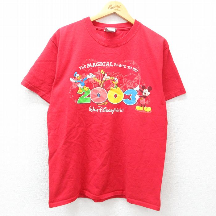 L★古着 半袖 ビンテージ Tシャツ メンズ 00年代 00s ディズニー DISNEY ミッキー MICKEY MOUSE ドナルド グーフィー コットン クルーネック 赤 レッド 25may01 中古