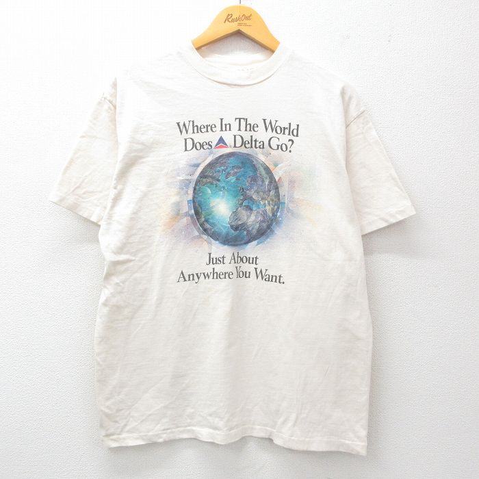 L★古着 ヘインズ Hanes 半袖 ビンテージ Tシャツ メンズ 80年代 80s 地球 コットン クルーネック USA製 生成り 25may01 中古