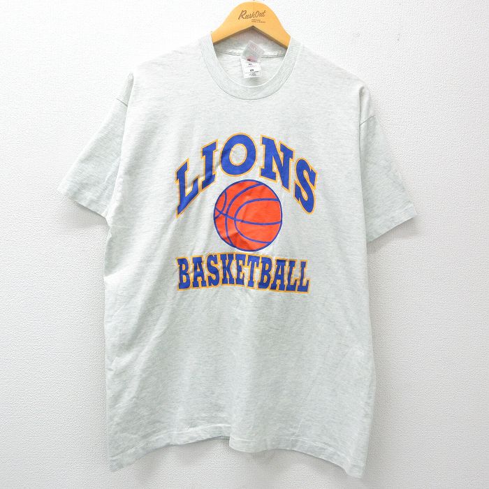 XL★古着 フルーツオブザルーム 半袖 ビンテージ Tシャツ メンズ 90年代 90s バスケットボール LIONS クルーネック USA製 薄グレー 霜降り 25may01 中古