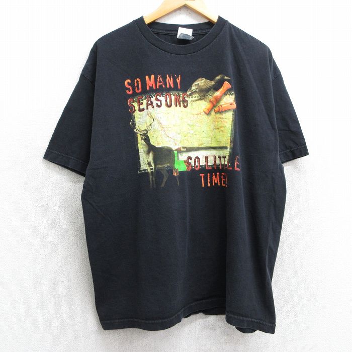 XL★古着 半袖 ビンテージ Tシャツ メンズ 00年代 00s シカ 鳥 地図 コットン クルーネック 黒 ブラック 25may01 中古