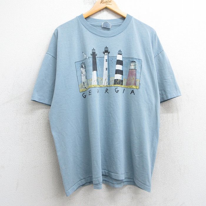 XL★古着 ヘインズ Hanes 半袖 ビンテージ Tシャツ メンズ 90年代 90s 灯台 ジョージア 大きいサイズ クルーネック 薄紺 ネイビー 25may01 中古