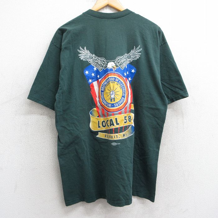 【50%OFF】XL★古着 半袖 ビンテージ Tシャツ メンズ 90年代 90s 鳥 星条旗 LOCAL58 胸ポケット付き コットン クルーネック USA製 緑 グリーン 25may01 中古
