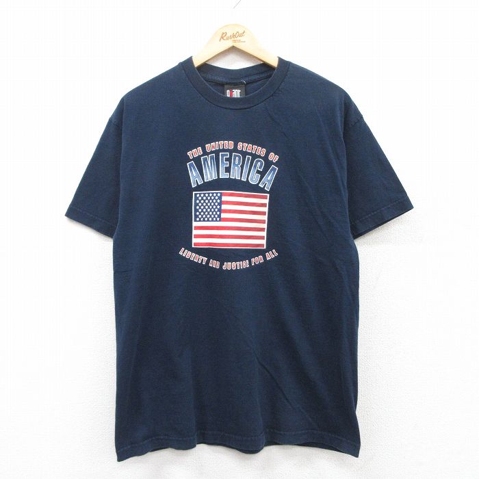 L★古着 半袖 ビンテージ Tシャツ メンズ 90年代 90s 星条旗 アメリカ コットン クルーネック USA製 紺 ネイビー 25may02 中古