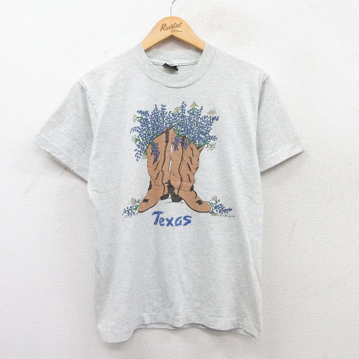 M★古着 フルーツオブザルーム 半袖 ビンテージ Tシャツ メンズ 90年代 90s ウエスタンブーツ 花 テキサス クルーネック USA製 薄グレー 霜降り 25may02 中古