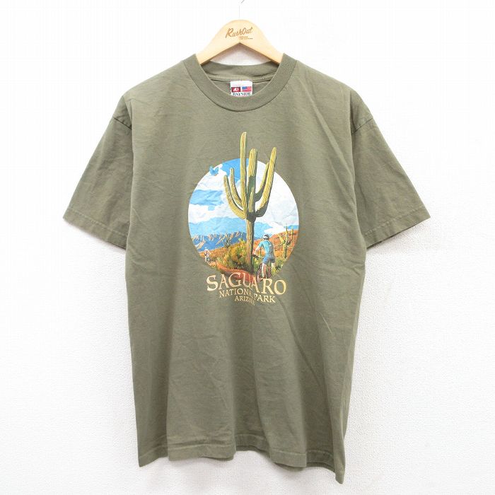 L★古着 半袖 ビンテージ Tシャツ メンズ 90年代 90s サボテン サグアロ コットン クルーネック USA製 濃緑系 グリーン 25may02 中古