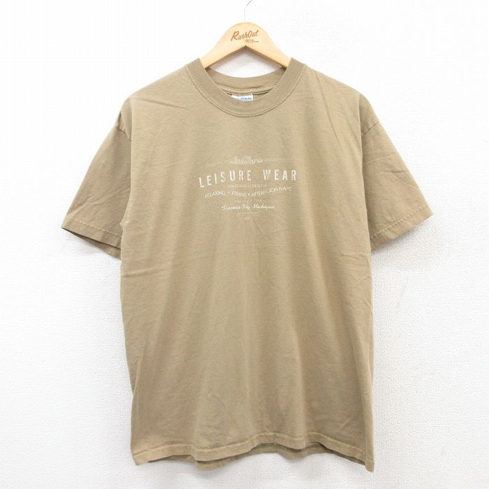 L★古着 半袖 ビンテージ Tシャツ メンズ 00年代 00s レジャーウェア コットン クルーネック ベージュ カーキ 25may02 中古