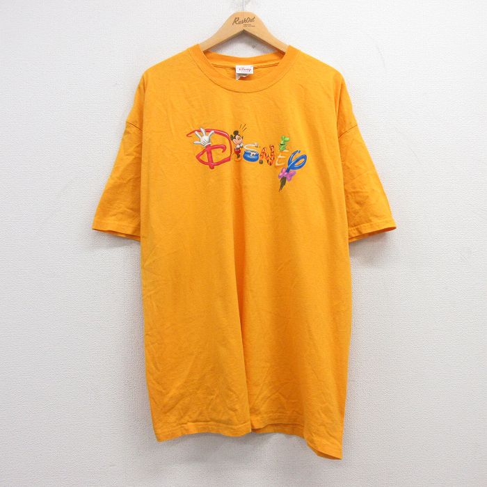 【50%OFF】XL★古着 半袖 ビンテージ Tシャツ メンズ 00年代 00s ディズニー DISNEY ミッキー MICKEY MOUSE 大きいサイズ ロング丈 コットン クルーネック 黄 イエロー 25may02 中古
