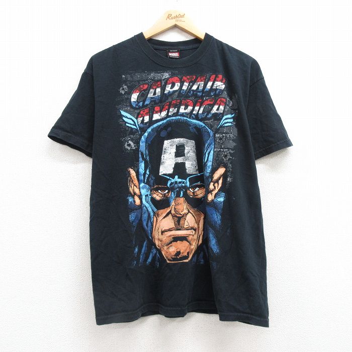 L★古着 半袖 ビンテージ Tシャツ メンズ 00年代 00s マーベル キャプテンアメリカ クルーネック 黒 ブラック 25may02 中古
