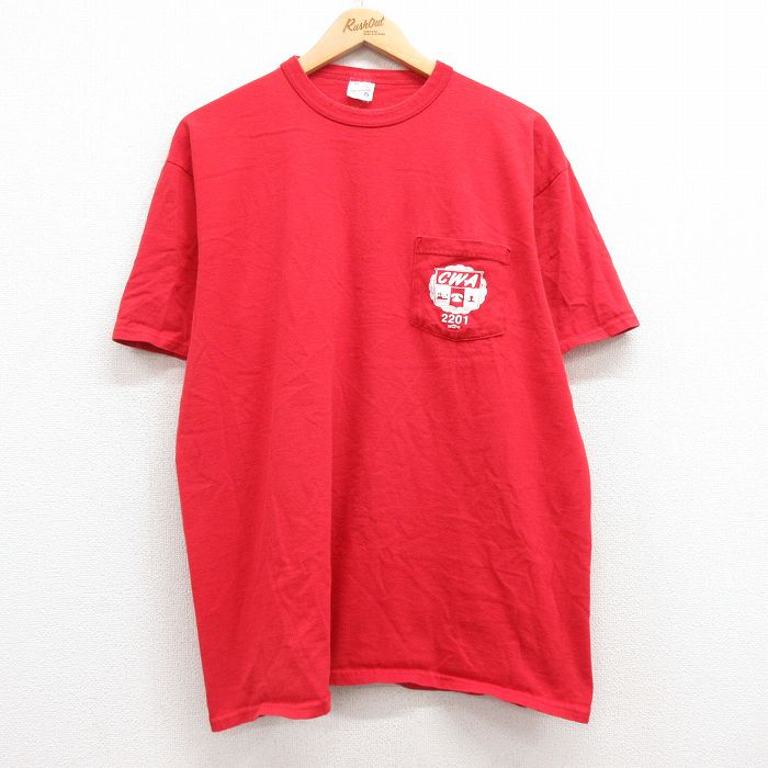 XL★古着 半袖 ビンテージ Tシャツ メンズ 90年代 90s CWA 胸ポケット付き 大きいサイズ コットン クルーネック USA製 赤 レッド 25may02 中古