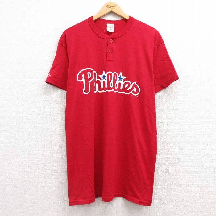 【50%OFF】L★古着 マジェスティック 半袖 ビンテージ Tシャツ メンズ 00年代 00s MLB フィラデルフィアフィリーズ ヘンリーネック 赤 レッド メジャーリーグ ベースボール 野球 25may02 中古