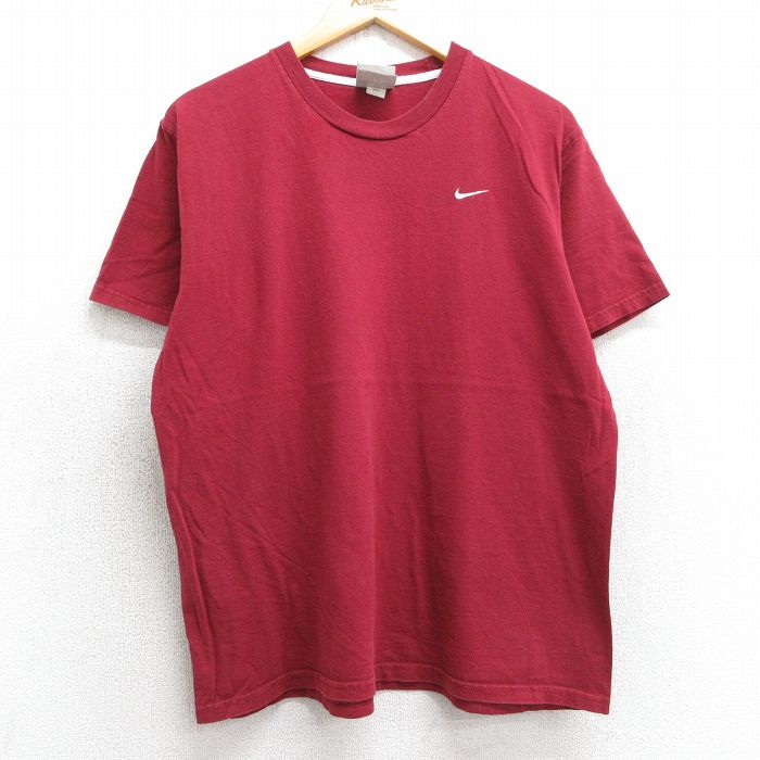 L★古着 ナイキ NIKE 半袖 ビンテージ Tシャツ メンズ 0年代 00s ワンポイントロゴ コットン クルーネック エンジ系 25may02 中古