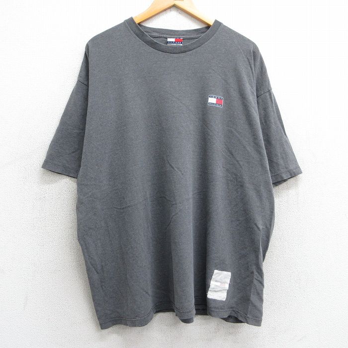 XL★古着 トミーヒルフィガー TOMMY HILFIGER 半袖 ビンテージ ブランド Tシャツ メンズ 90年代 90s ワンポイントロゴ 大きいサイズ コットン クルーネック USA製 濃グレー 霜降り 【spe】 25may02 中古