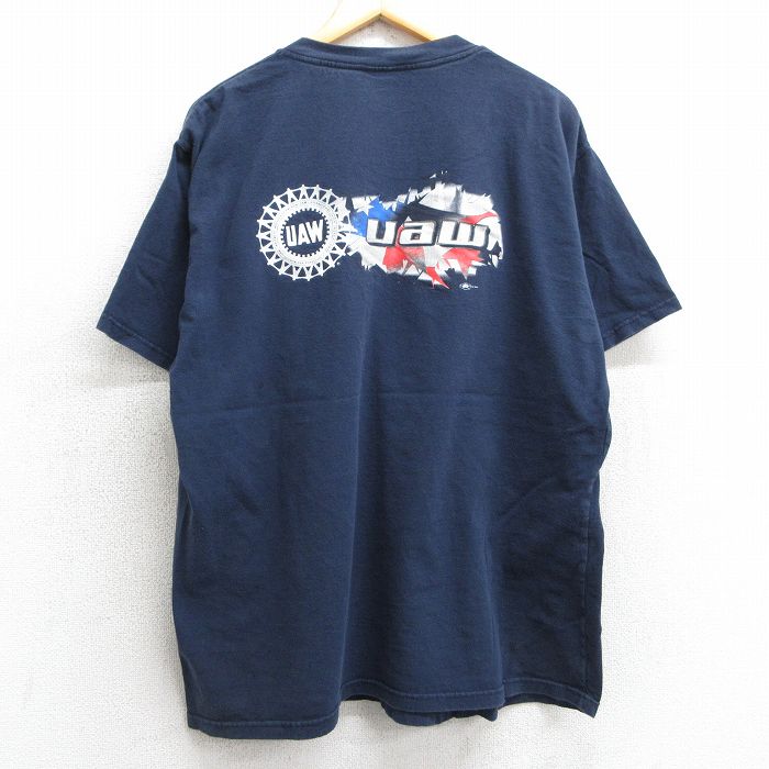 XL★古着 半袖 ビンテージ Tシャツ メンズ 90年代 90s UAW 胸ポケット付き 大きいサイズ コットン クルーネック USA製 紺 ネイビー 25may02 中古