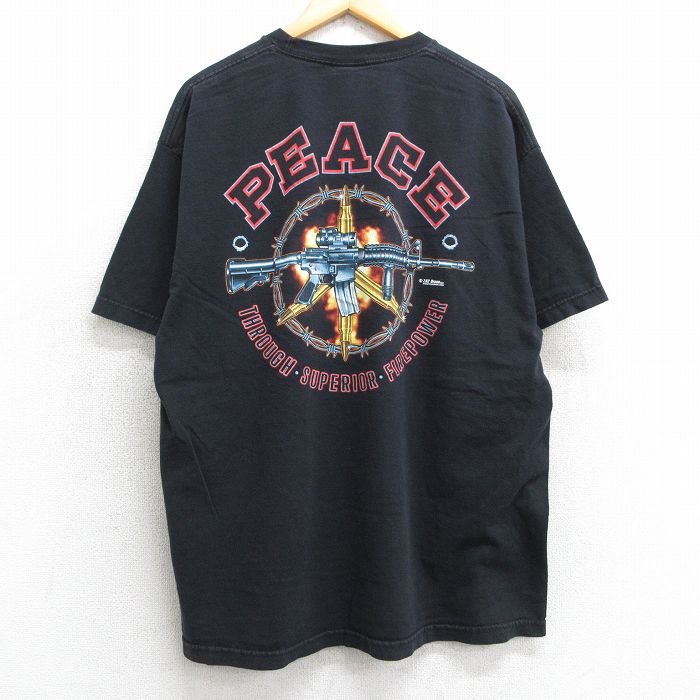XL★古着 半袖 ビンテージ Tシャツ メンズ 00年代 00s 銃 PEACE コットン クルーネック 黒 ブラック 25may02 中古